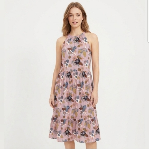 NWOT LOFT Pink Floral Sleeveless Halter Tiered Swing MIDI Dress Size 14 - Picture 11 of 11